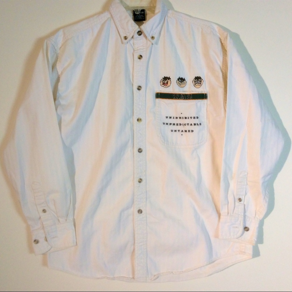 Taz Tasmanian Devil Off White Embroidered Chest Pocket Casual Button Front Shirt